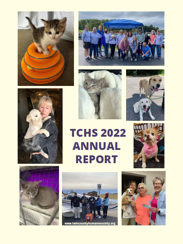 cover for TCHS annual report, several photos of people with cats and dogs
