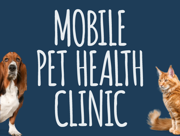 Mobile pet health clinic text with dog and cat