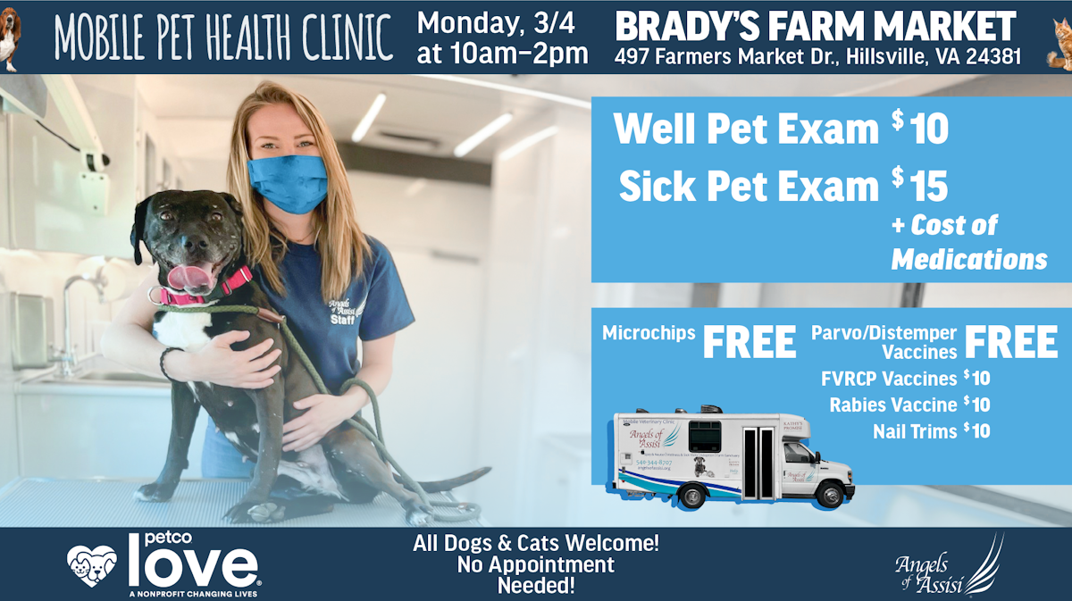 graphic with details on mobile pet health clinic hillsville VA march 4