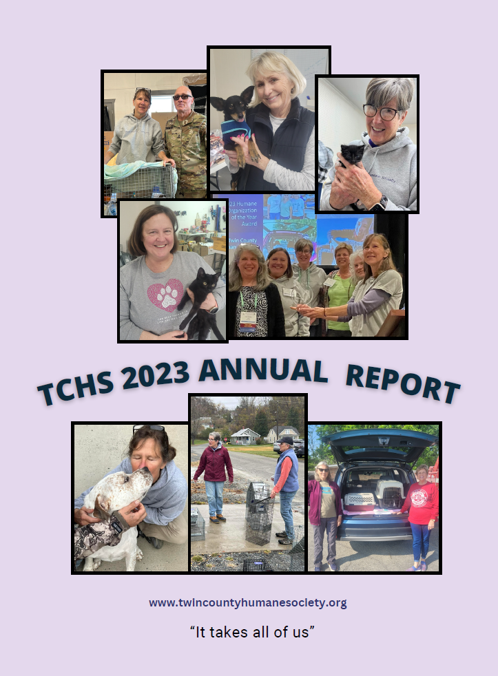 cover of 2023 annual report photos of volunteers and animals