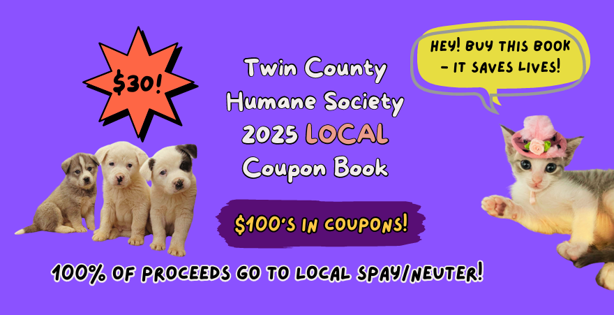 Cover of TCHS 2025 coupon book with puppies and kitten