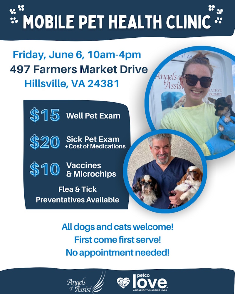 Low cost pet health clinic June 6 10-4pm Hillsville farmers market