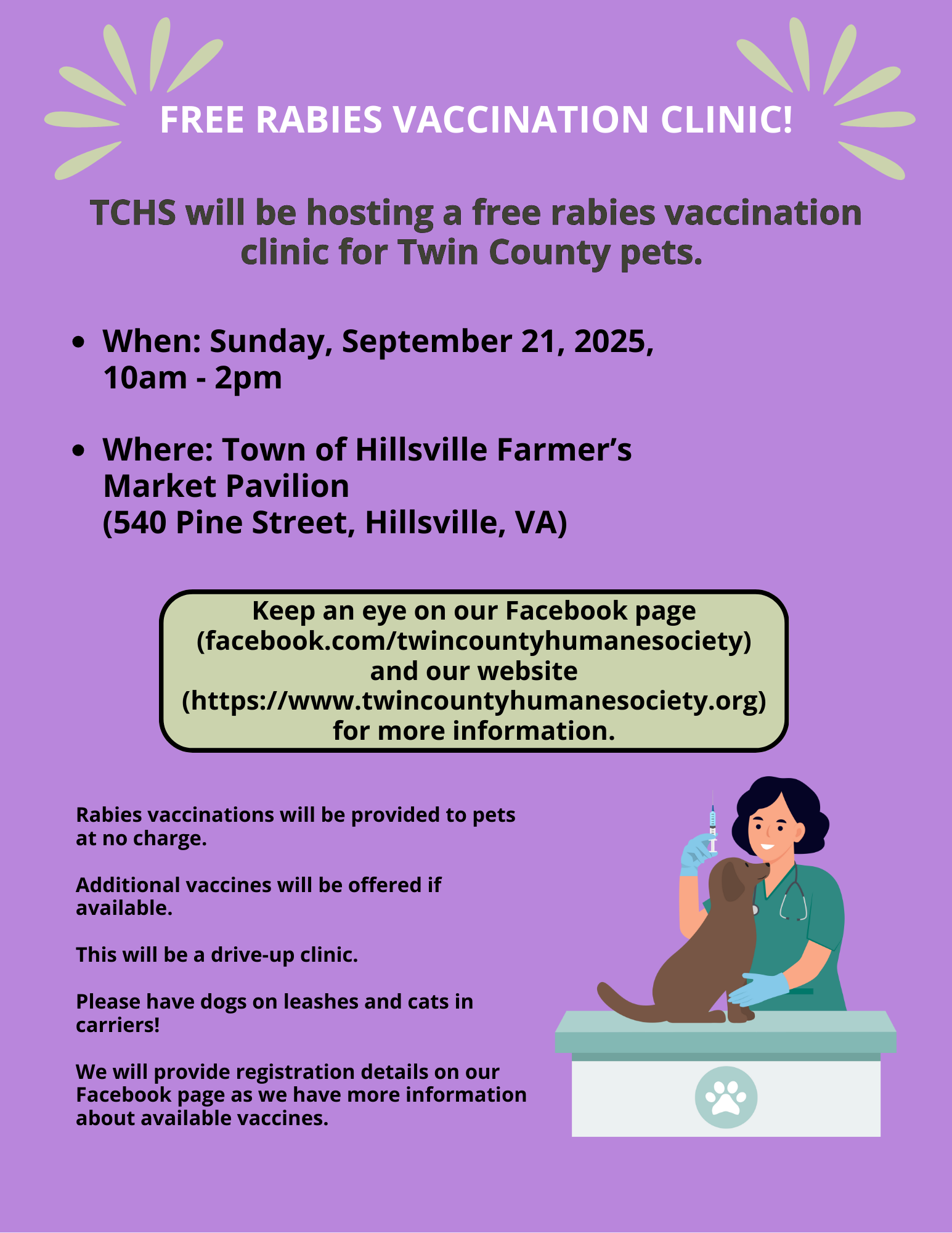 Info for free rabies vaccination clinic 9-21-25 Hillsville VA